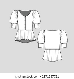 Puff sleeve peplum ruffles  top v neck button panel balloon elbow sleeve cuffs with  button detail high low dip hem fashion flat sketch drawing template design vector