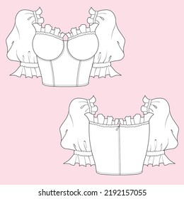 Puff Sleeve Ruffle Crop Top Flat Sketch Fashion Template. Technical Fashion Illustration for Girl. Front and back view. Vector, adobe illustrator, technical drawing, design.