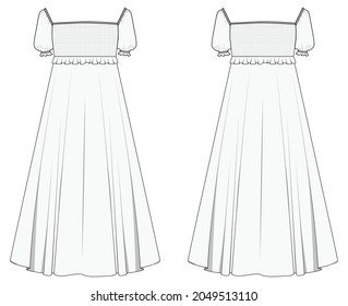 Puff Sleeve Smocked Dress Front and Back View. fashion illustration vector, CAD, technical drawing, flat drawing.