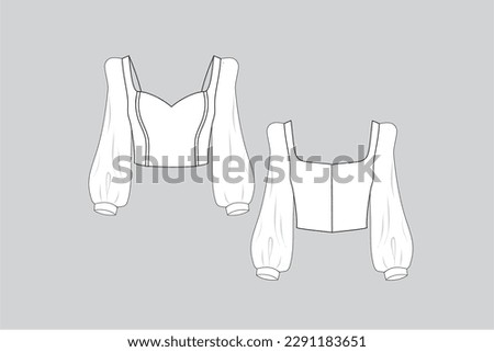 Puff sleeve top, technical drawing clothes, top cropped, woman top
