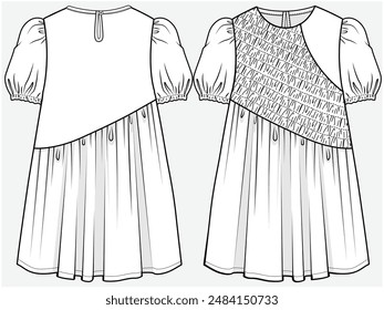 PUFF SLEEVES ASYMMETRIC DRESS WITH ASYMMETRIC SMOCKING PANEL DETAIL DESIGNED FOR TEEN GIRLS AND KID GIRLS IN VECTOR FILE