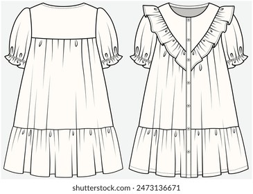 VESTIDO DE NIVEL ABIERTO CON DETALLE DE CHEVRON FRILL DISEÑADO PARA ADOLESCENTES Y NIÑAS EN ARCHIVO DE ILUSTRACIÓN VECTORIAL