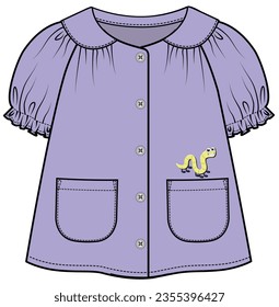 PUFF SLEEVES COLLAR DETAIL WOVEN TOP WITH POCKET DETAIL AND CUTE DOODLE WORM EMBROIDERY DESIGNED FOR INFANT GIRL TODDLER GIRL AND BABY GIRLS IN VECTOR ILLUSTRATION