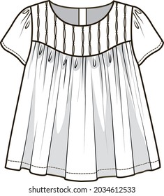 PUFF SLEEVES DECORATIVE YOKE WOVEN TOP FLAT SKETCH FOT KIDS TEENS AND TODDLERS GIRLS IN EDITABLE VECTOR