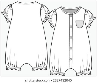 PUFF SLEEVES DETAIL ONESIE BODYDUIT PLAYSUIT WITH POCKET DETAIL DESIGNED FOR TODDLER GIRL AND BABY GIRLS IN EDITABLE VECTOR