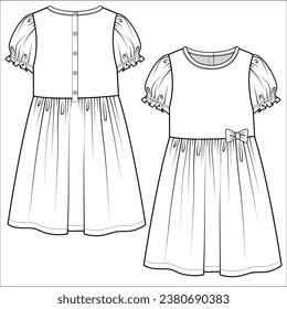 PUFF SLEEVES DRESS WITH FRONT BOW DETAIL DESIGNED FOR TEEN AND KID GIRLS IN VECTOR ILLUSTRATION