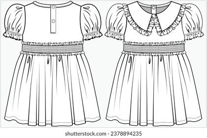 PUFF SLEEVES DRESS WITH SMOCKING WAIST AND FRILL PETER PAN COLLAR DETAIL DESIGNED FOR INFANT GIRL TODDLER GIRL AND BABY GIRLS IN VECTOR ILLUSTRATION