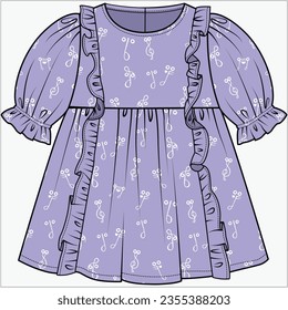 PUFF SLEEVES FLOUNCE WOVEN DRESS WITH FRILL DETAIL IN ALL OVER MUSIC NODES PATTERN DESIGNED FOR INFANT GIRL TODDLER GIRL AND BABY GIRLS IN VECTOR ILLUSTRATION