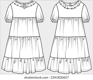 PUFF SLEEVES FRILL NECKLINE TIERED WOVEN DRESS IN HAKOBA FABRIC SCHIFFLI FABRIC DETAIL DESIGNED FOR TEEN GIRL AND KID GIRLS IN EDITABLE VECTOR