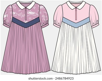 VESTIDO DE CUELLO PETER PAN CON DETALLE DE CHEVRON DISEÑADO PARA NIÑAS ADOLESCENTES Y NIÑOS EN ARCHIVO DE ILUSTRACIÓN VECTORIAL