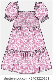 PUFF SLEEVES SMOCKING DRESS DESIGNED FOR TEEN AND KID GIRLS IN VECTOR ILLUSTRATION FILE