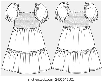 PUFF SLEEVES SMOCKING DRESS DESIGNED FOR TEEN AND KID GIRLS IN VECTOR ILLUSTRATION FILE