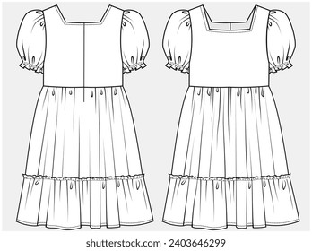 PUFF SLEEVES TIERED DRESS DESIGNED FOR TEEN AND KID GIRLS IN VECTOR ILLUSTRATION FILE