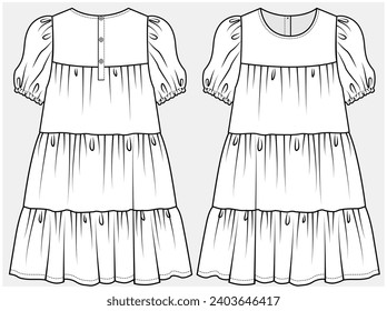 PUFF SLEEVES TIERED DRESS DESIGNED FOR TEEN AND KID GIRLS IN VECTOR ILLUSTRATION FILE