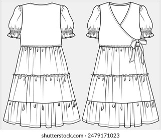 PUFF SLEEVES TIERED DRESS WITH FRONT WRAP DETAIL DESIGNED FOR TEEN AND KID GIRLS IN VECTOR FILE