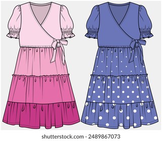 PUFF SLEEVES TIERED DRESS WITH FRONT WRAP DETAIL DESIGNED FOR TEEN AND KID GIRLS IN VECTOR FILE