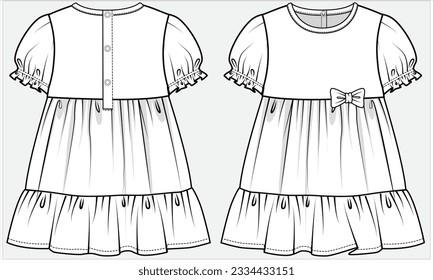 PUFF SLEEVES TIERED WOVEN DRESS WITH POLY BUTTON FASTENERS AND CUTE BOW DETAIL DESIGNED FOR KID GIRLS AND TODDLER GIRLS IN VECTOR ILLUSTRATION