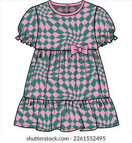 PUFF SLEEVES WOVEN DRESS WITH FRILL AND CHECKERED ALL OVER PRINT DETAIL FOR KID GIRLS AND TODDLER GIRLS IN VECTOR ILLUSTRATION