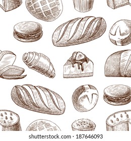 Puff sweet pastry baked cake and wheat rye traditional bread seamless food pattern vector illustration