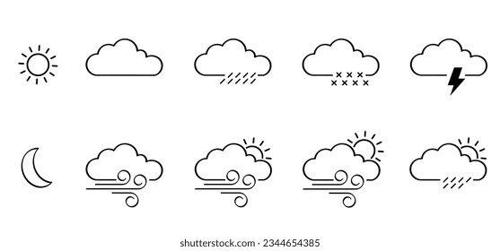 Puff of wind blow line symbol. Cloud, sun, moon, blowing wind, rain, snow, weather icon. Gust pictogram. Smoky stream. Wind trails. Wind blowing trails. Windy weather, forecast. Snow flake icon