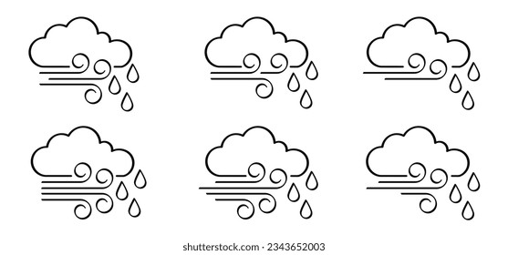 Puff of wind blow, raining symbol. Cloud, blowing wind, rain, weather, environment. Gust icon. Smoky stream. Wind trails. Dust spray, smoky stream and wind blowing trails. Windy weather, forecast.