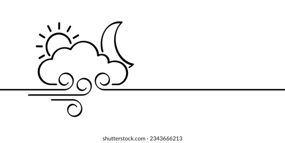 Puff of wind blow, sun and moon symbol. Cloud, blowing wind, weather, environment. Gust pictogram. Smoky stream. Wind trails. Dust spray, smoky stream and wind blowing trails. Windy weather, forecast.