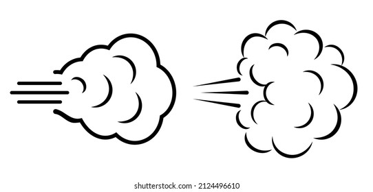 Puff of wind, gust cloud icons on white background. Line illustration of fast air motion, abstract design elements