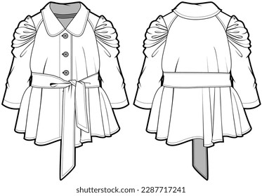 Puffed Frill Long Sleeve Peplum Top with Waist Knot Front and Back View. Fashion Illustration, Vector, CAD, Technical Drawing, Flat Drawing, Template, Mockup.	