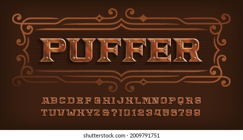 Tipo de letra del alfabeto puffer. Letras y números de los ríos punk de vapor. Escritura vectorial de material para su diseño.