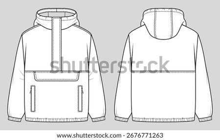 Puffer anorak jacket. Unisex oversized coat with hood and front pouch pocket. Vector technical sketch. Mockup template.