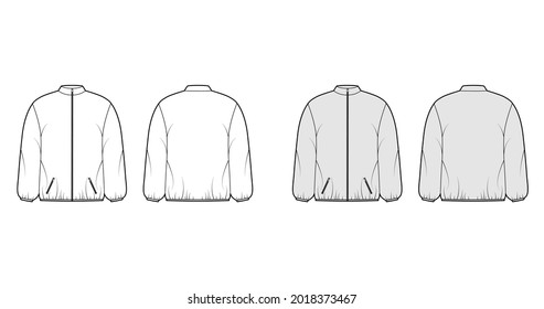 Puffer coat jacket technical fashion illustration with long sleeves, stand collar, pockets, boxy fit, hip length. Flat template front, back, white, grey color style. Women, men, unisex top CAD mockup