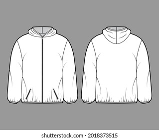 Puffer coat jacket technical fashion illustration with long sleeves, hoody collar, zip-up closure, pockets, boxy fit, hip length. Flat template front, back, white color style. Women men unisex top CAD
