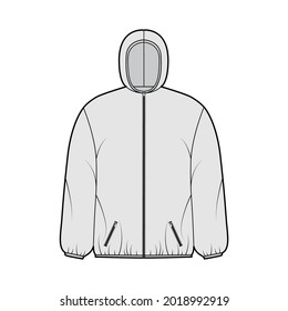 Puffer coat jacket technical fashion illustration with long sleeves, hoody collar, zip-up closure, pockets, boxy fit, hip length. Flat template front, grey color style. Women, men, unisex top CAD