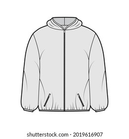 Puffer coat jacket technical fashion illustration with long sleeves, hoody collar, zip-up closure, pockets, boxy fit, hip length. Flat template front, grey color style. Women, men, unisex top CAD