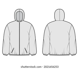 Puffer coat jacket technical fashion illustration with long sleeves, hoody collar, zip-up closure, pockets, boxy fit, hip length. Flat template front, back grey color style. Women, men, unisex top CAD