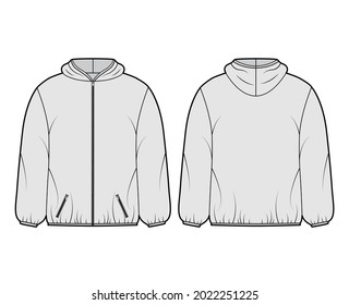 Puffer coat jacket technical fashion illustration with long sleeves, hoody collar, zip-up closure, pockets, boxy fit, hip length. Flat template front, back grey color style. Women, men, unisex top CAD