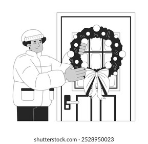 Puffer coat man hanging Christmas wreath on front door black and white 2D line character. Xmas holiday tradition. Santa hat hispanic guy isolated vector outline person. Monochromatic spot illustration