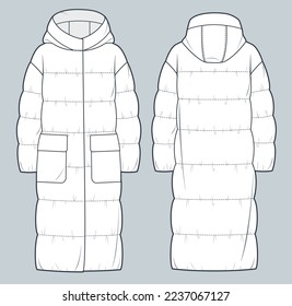 Puffer Coat technical fashion Illustration  Hooded quilted padded down Jacket technical drawing template  long sleeve  pockets  front   back view  white  women  men  unisex CAD mockup 