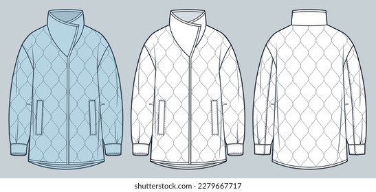 Puffer Coat technical fashion Illustration  Quilted padded Down Jacket fashion flat technical drawing template  long sleeve  pocket  front   back view  white  blue  women  men  unisex CAD mockup set