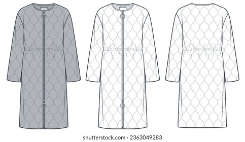 Moda técnica del Abrigo Puffer Ilustración. Moda de la Chaqueta abajo plantilla de dibujo técnico plano, cremallera, cordón de la cintura, vista frontal y trasera, blanco, gris, mujeres, hombres, conjunto de maquillaje de CAD de ropa interior