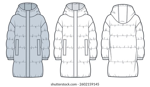 Puffer Coat Technical Fashion Illustration. Long Quilted Hooded Jacket fashion flat technical drawing template, zipper,pockets, front and back view, white, blue, women, men, unisex CAD mockup set.