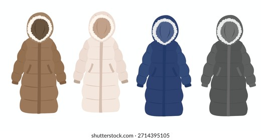Puffer coat vector in brown, beige, dark blue, black color. Winter clothing clipart. Winter essential, hello winter vector in flat cartoon style isolated on white background.