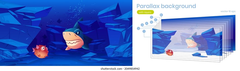 Puffer fish and angry shark under water in sea or ocean. Vector parallax background for 2d animation with cartoon illustration of underwater landscape with blowfish and shark with sharp teeth