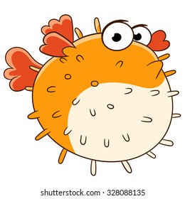 Puffer fish. Blowfish. Fugu fish. Cartoon character isolated on white background. Colorful design for kids activity book, coloring page, colouring picture. Vector illustration for children.