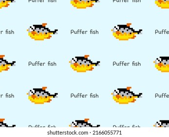 Puffer Fish Cartoon Character Seamless Pattern On Blue Background. Pixel Style