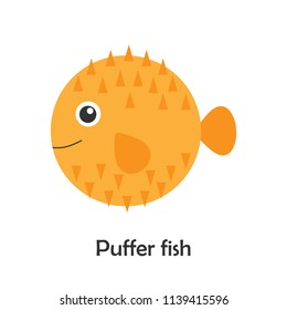 Puffer fish in cartoon style, marine card with ocean animal for kid, preschool activity for children, vector illustration