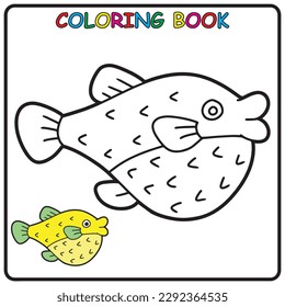 Puffer fish coloring page for a children's book with colorful examples. Image in vector format. great coloring activity for children and toddlers