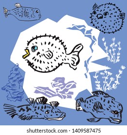 Puffer fish in design blue corner with many habit with coral reef and seaweed