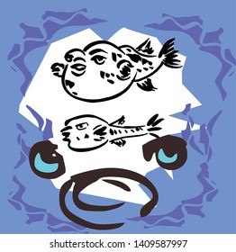 Puffer fish in design blue corner with many habit with coral reef and seaweed