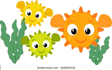 Puffer Fish Family Vector Illustration with yellow, green and orange puffer fish.